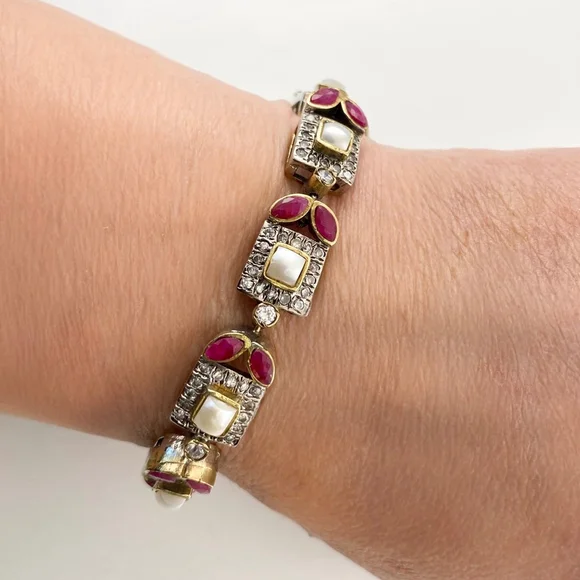 Vintage Mughal Revival Bracelet, Natural Ruby Pearl Diamond Gold Vermeil, Indian - Picture 9 of 11